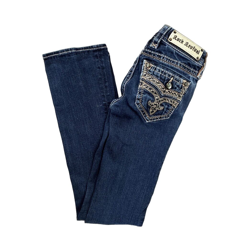 Y2K Rock Revival Adorna Low Rise Boot Blue Jeans Sz 24 Festival Bling Rhinestone